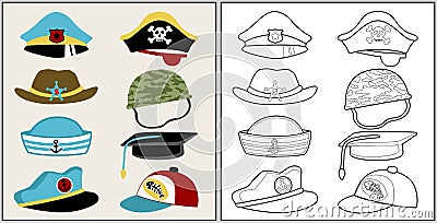 Set of various hats in coloring style Vector Illustration