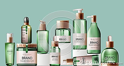 Set of various health care and spa green bottles. Body oil, lotion, serum, shower gel and perfume Vector Illustration