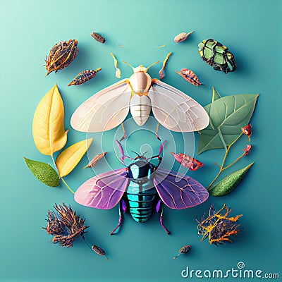 Set of various insects on blue background. generative AI. Stock Photo