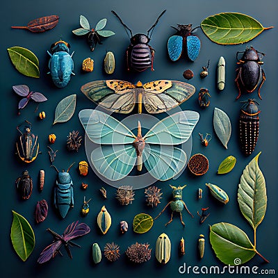 Set of various insects on a dark background. generative AI. Stock Photo