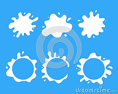 Set of various isolated white milk splash and spot with drops. Fresh natural dairy products blots Vector Illustration