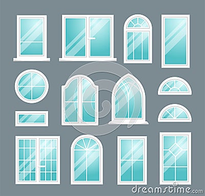 Set of various isolated white plastic windows on dark background. Vector illustration Cartoon Illustration