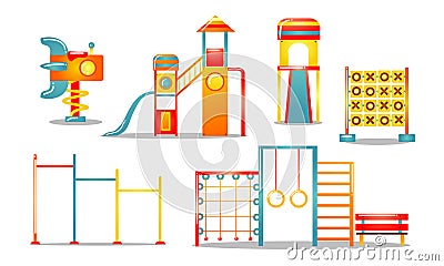 Set of various kid`s playground equipment. Vector illustration in flat cartoon style. Vector Illustration