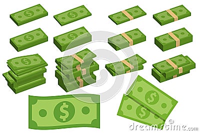 Set a various kind of money. Packing in bundles of bank notes, bills fly. Vector illustration Vector Illustration