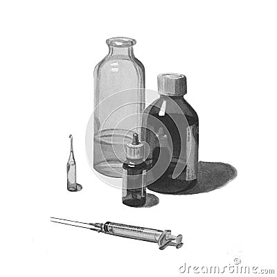 Set of various medications, isolated on white. Black and white beautiful pencil illustration. Cartoon Illustration