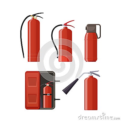 Set of various metal fire extinguishers, various forms, nozzles, hoses. Vector Illustration