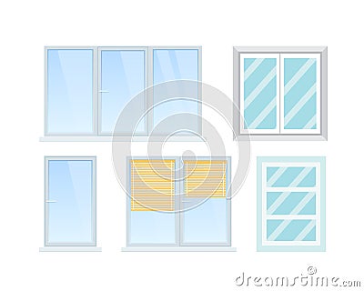 Set of various modern office and home windows, interior rooms. Vector Illustration