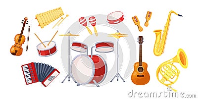 Set various musical metal wood acoustic instruments: violin, tambourine, harp, trombone, bagpipe, saxophone, accordion, guitar, Vector Illustration