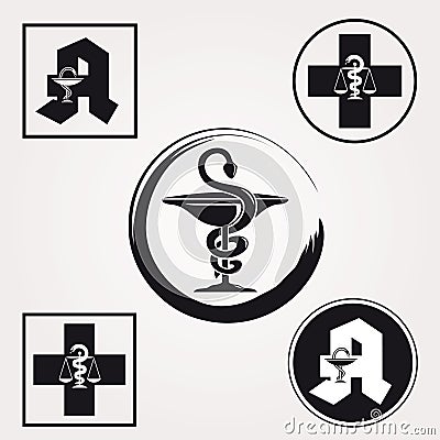 Set of Various Pharmacy Icons with Caduceus Symbol, Letter A and Swiss Cross Symbol in Black and White Vector Illustration