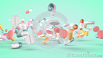 Set of various pills and capsules. 3D rendering Stock Photo