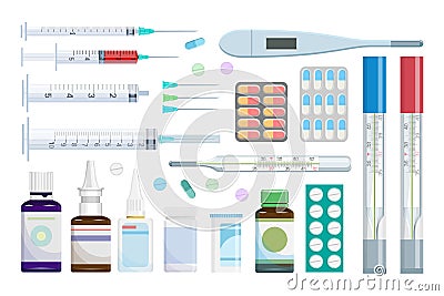 Set of various pills, drugs, vaccine, syringe and thermometer. Tablets and pills realistic set. Medical preparation. Medical Vector Illustration