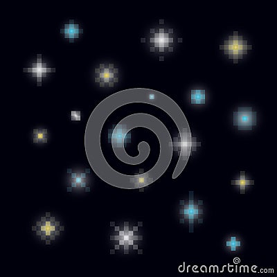 A set of various pixel art or 8-bit style night stars Vector Illustration