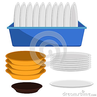 A set of various plates and cups. Vector illustration on a white isolated background Vector Illustration