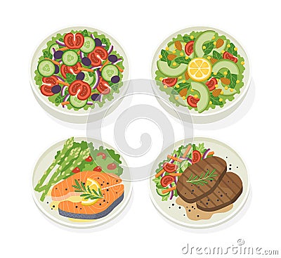 Set of various plates of food with fresh vegetable salad, beef steak, salmon steak. Vector Illustration