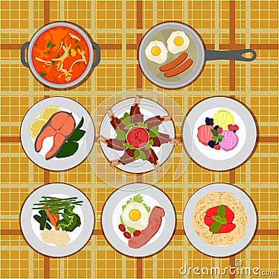 set various plates of food Cartoon Illustration