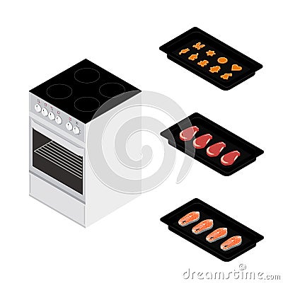 Set of various plates, forms of food and kitchen stove Stock Photo