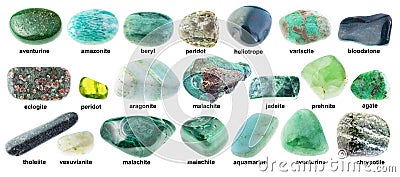 Set of various polished green rocks with names Stock Photo