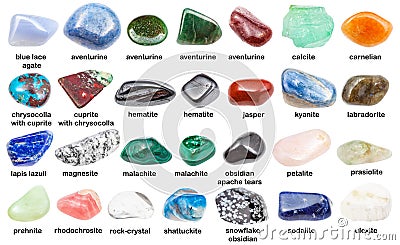 Set of various polished stones with names isolated Stock Photo