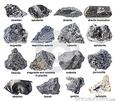 Set of various raw black minerals with name cutout Stock Photo