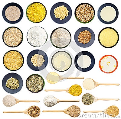 Set of various raw and cooked common wheat grains Stock Photo