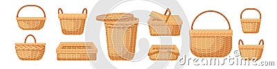Set of various realistic empty wicker baskets vector illustration. Collection of straw handmade container or pannier Vector Illustration