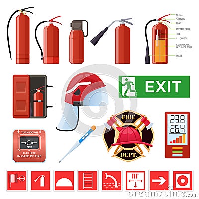 Set of various red metal fire extinguishers. Signs, thermometers, helmet. Vector Illustration