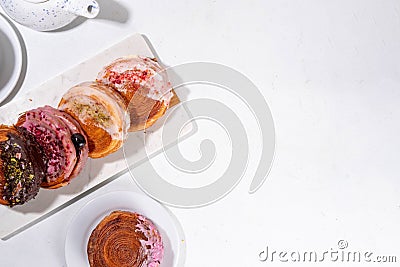 Set of various Round Croissants, Trendy baked Sweet Pastry Stock Photo