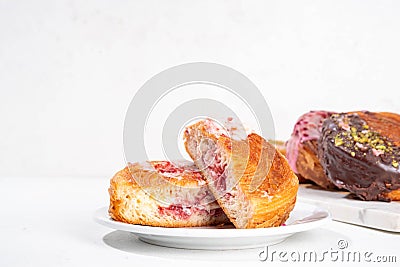 Set of various Round Croissants, Trendy baked Sweet Pastry Stock Photo