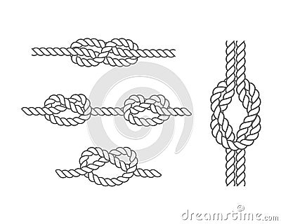 Set of sea knots and loops. Cable rope, tied, untied. Vector Illustration