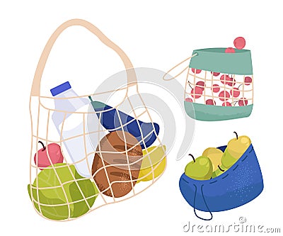 Set of various shopping bags filled with goods. Food basket, paper and plastic packages, string bag. Vector illustration Cartoon Illustration