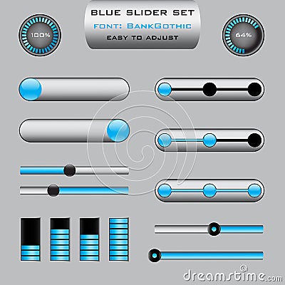 Set of various slider bar control panels in blue d Vector Illustration