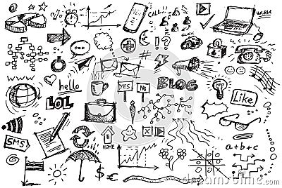 Set of various social media hand drawn vector doodles Stock Photo