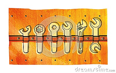 Set of various spanners and wrenches.. Illustration on a red wood texture Stock Photo