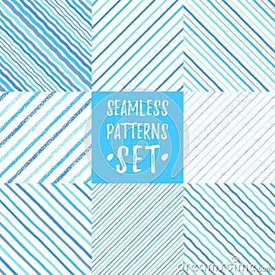 Set of blue various striped diagonal seamless patterns Vector Illustration