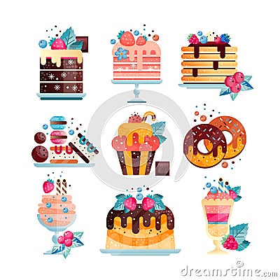 Flat vector set of various tasty desserts with gradients and texture. Cakes, cupcake, donuts, ice-cream, pancakes Vector Illustration