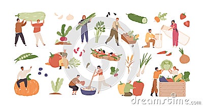 Set of various tiny people with different food and products isolated on white background. Collection of cartoon person Vector Illustration