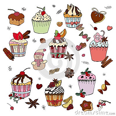 Set of various traditional winter desserts Vector Illustration