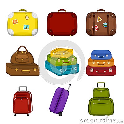 Set of pile travel bags suitcases with stickers on isolated white background. Summer travel handle luggage Traveling baggage Vector Illustration