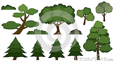 Set of various trees and bushes isolated on white background Vector Illustration