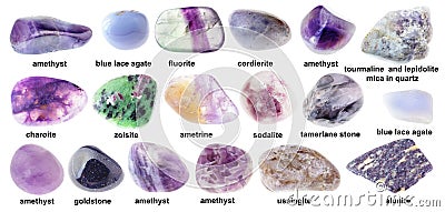 Set of various tumbled violet stones with names Stock Photo