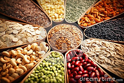 A set of various types of cereals and legumes. Concept of farming and grain expression. Close-up. Healthy eating Stock Photo