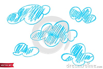 Set of various unique clouds drawn by hand. Hand drawn clouds. Marker stroke sky. Vector Illustration