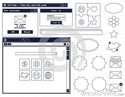 Set of various user interface elements and stickers. Nostalgic retro y2k old computer style. Web browser window, new Cartoon Illustration