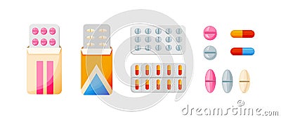 Set of various vector pills and tablets, in different packages. Vector Illustration