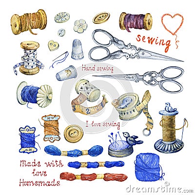Set of various vintage objects for sewing, handicraft and handmade. Cartoon Illustration