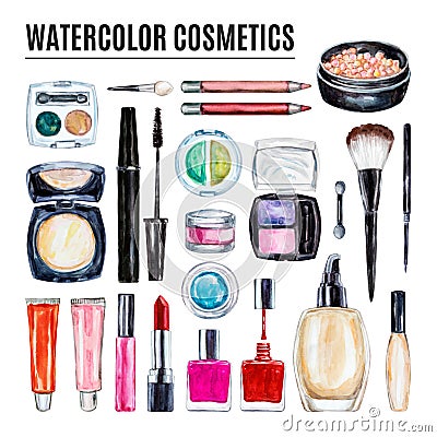 Set of various watercolor decorative cosmetic. Makeup products Stock Photo