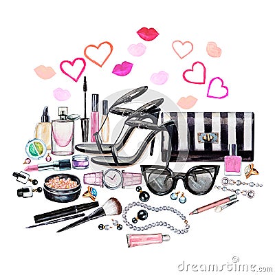 Set of various watercolor female accessories. Makeup products Stock Photo