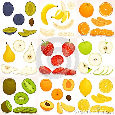 Set of various whole and sliced fruit. Vector illustration. Vector Illustration