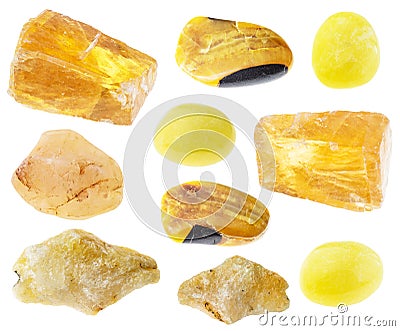 Set of various yellow calcite stones cutout Stock Photo