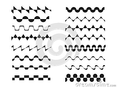 A set various zigzag patterns, wavy, sinusoidal or rickrack repeatable border lines, horizontally seamless geometrical zig zag Vector Illustration